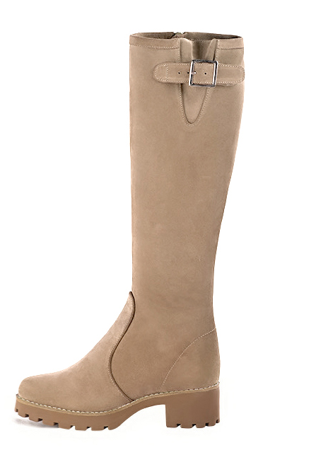 Tan beige women's knee-high boots with buckles.. Made to measure. Profile view - Florence KOOIJMAN
